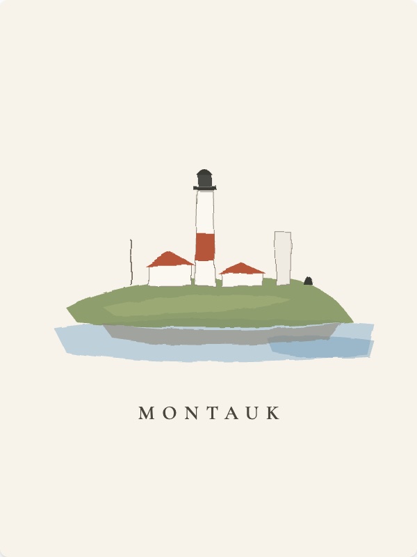 The same lighthouse painted as a postcard, with MONTAUK set beneath it